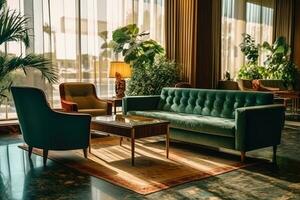 Hotel Empfangshalle mit Jahrgang Stil Möbel professionell Fotografie ai generiert foto