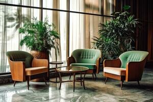 Hotel Empfangshalle mit Jahrgang Stil Möbel professionell Fotografie ai generiert foto