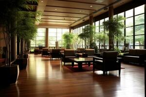Hotel Empfangshalle mit japanisch Stil Möbel professionell Fotografie ai generiert foto