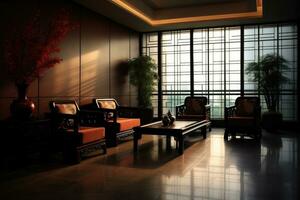 Hotel Empfangshalle mit Chinesisch Stil Möbel professionell Fotografie ai generiert foto
