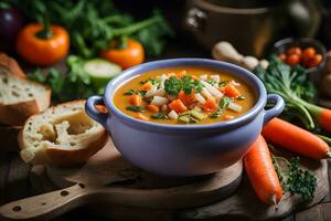 Kürbis Suppe mit Creme, Petersilie und Kürbis Saat auf dunkel Hintergrund foto