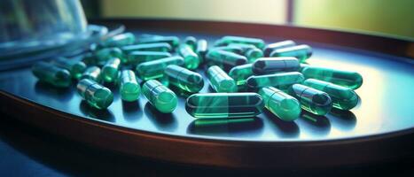 das pharmazeutische Arzneimittel-Medizin Tabletten Kapseln im Silber Tablett. benutzt zum Erleichterung Krankheit, Essen Ergänzung, oben Sicht, ai generativ, ai generativ foto
