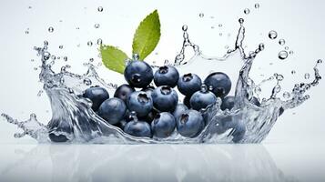 frisch saftig Blaubeere Obst mit Wasser Spritzen isoliert auf Hintergrund, gesund Frucht, ai generativ foto