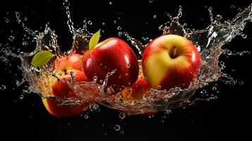 frisch saftig Apfel Obst mit Wasser Spritzen isoliert auf Hintergrund, gesund Obst foto