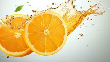 frisch saftig Orange Obst mit Wasser Spritzen isoliert auf Hintergrund, gesund Obst foto