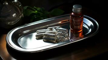 das pharmazeutische Arzneimittel-Medizin Tabletten Kapseln im Silber Tablett. benutzt zum Erleichterung Krankheit, Essen Ergänzung, oben Aussicht foto