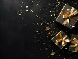 Hintergrund zum Weihnachten oder schwarz Freitag Verkauf mit schwarz und Gold Geschenke foto