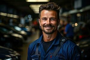 Techniker, männlich Auto Mechaniker im Overall im modern Auto Reparatur Geschäft, Garage. generativ ai foto