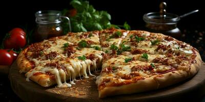 Pizza mit Dehnen Käse auf ein hölzern Tabelle auf ein schwarz Hintergrund foto