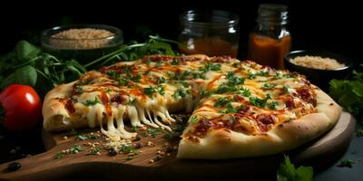 Pizza mit Dehnen Käse auf ein hölzern Tabelle auf ein schwarz Hintergrund foto