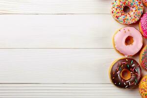 bunt glasiert Donut Hintergrund. oben Aussicht mit Kopieren Raum. generativ ai foto