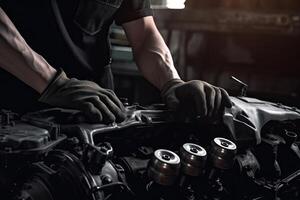 Fachmann Mechaniker Arbeiten im Auto Reparatur Geschäft. Auto Bedienung und Instandhaltung Konzept. generativ ai foto