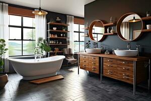 Innere von modern Badezimmer mit Beige Wände, hölzern Boden, komfortabel Weiß Badewanne und runden Spiegel. generativ ai foto