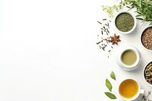 Grün Tee im ein Weiß Teekanne und Tassen auf Weiß Hintergrund oben Aussicht mit Kopieren Raum. generativ ai foto