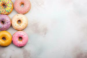 bunt glasiert Donut Hintergrund. oben Aussicht mit Kopieren Raum. generativ ai foto