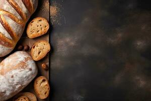 frisch gebacken Brot und Weizen Ohren auf rustikal Hintergrund. oben Aussicht mit Kopieren Raum. generativ ai foto