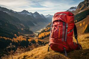 Wanderer mit ein Rucksack auf das Hintergrund von Herbst Berge. Mann mit ein Rucksack im das Berge. generativ ai foto