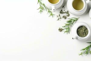 Grün Tee im ein Weiß Teekanne und Tassen auf Weiß Hintergrund oben Aussicht mit Kopieren Raum. generativ ai foto