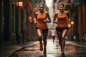 weiblich Sportler nehmen ein schnell Joggen im das Regen foto