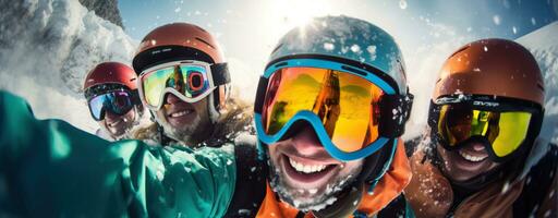 ein Gruppe von Skifahrer tragen Ski Brille und Handschuhe foto