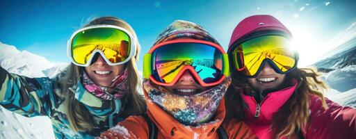 ein Gruppe von Skifahrer tragen Ski Brille und Handschuhe foto