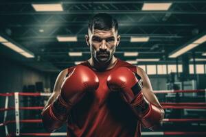 Fachmann Boxer posieren mit seine Handschuhe auf im das Boxen Ring foto