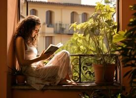 Mädchen lesen Buch auf Terrasse im sonnig Klima foto
