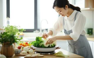 Frau Kochen auf ein Küche foto