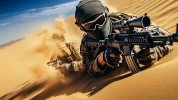 bewaffnet Krieger im tarnen Kleider und Rüstung auf Schlachtfeld im Wüste ai generiert foto