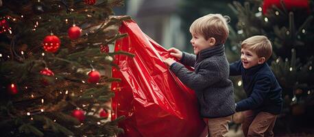 Kinder nehmen Weihnachten Baum von Lager Tasche und einstellen es oben beim Zuhause zum das Urlaub Jahreszeit Brüder Rückkehr Weihnachten Baum zu Lager Tasche nach Urlaub festlich Landschaft foto