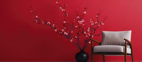 Sessel Nächster zu rot Mauer mit blühen Chinesisch Pflaume Geäst drinnen foto