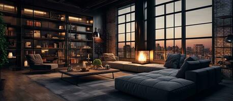 groß Dachgeschoss Stil Studio Wohnung mit modern schwarz hölzern Möbel und öffnen Fußboden planen mit expansiv Fenster foto