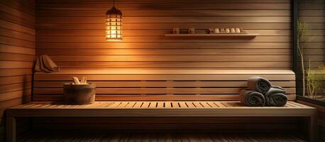 schließen oben Aussicht von ein Infrarot Sauna mit hölzern Wände Bank und Keramik Heizungen betonen ein gesund Lebensstil foto