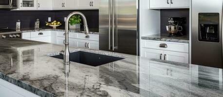 luxuriös Zuhause Innere Angebot Stahl Haushaltsgeräte und Granit Arbeitsplatten zum das Küche Möbel foto