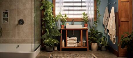 kompakt Badezimmer mit ein hölzern Nichtigkeit sinken gemustert Dusche Vorhang Toilette im das Center und drei hängend Pflanzen auf das Geländer unten foto