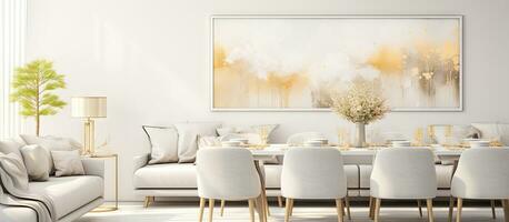 Essen Tabelle Stühle im hell öffnen Raum mit Sofa und Gold Gemälde auf Mauer foto