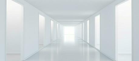 minimalistisch modern Haus mit ein eng leeren Gang von Weiß Wände und Türen führen zu ein Tageslicht gefüllt Leben Zimmer foto