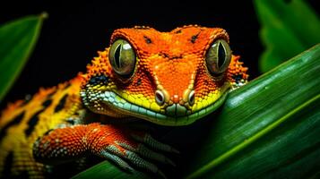 ein bunt Gecko mit rot Augen und holperig Waage auf ein dunkel Hintergrund ai generativ foto