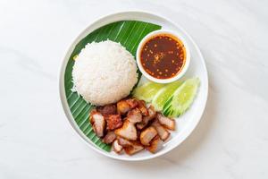 gebratenes Schweinebauchfleisch mit Reis mit pikanter Sauce nach asiatischer Art foto
