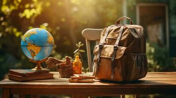 ruhen auf ein Jahrgang hölzern Schreibtisch, ein gut gepackt Rucksack, Weltkarte, Reise Tagebuch, ai generativ foto