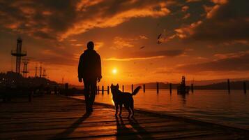 Foto-Silhouette von ein Mann Gehen seine Hund auf das Seebrücke, golden Stunde, ai generiert foto