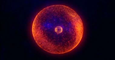 Orange Energie Kugel mit glühend hell Partikel, Atom mit Elektronen und elektrisch Magie Feld wissenschaftlich futuristisch Hi-Tech abstrakt Hintergrund foto
