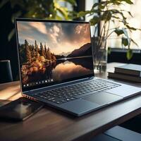 ein glatt und modern Laptop, mit ein metallisch Fertig und ein von hinten beleuchtet Klaviatur, bunt Landschaft Hintergrund auf Bildschirm, ai generiert foto