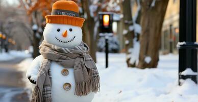 festlich Neu Jahre Schneemann, Weihnachten Hintergrund Postkarte - - ai generiert Bild foto