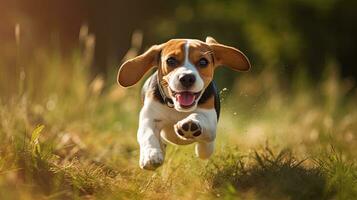 Tier. süß Hund Beagle Laufen im das Gras. Haustiere. generativ ai foto