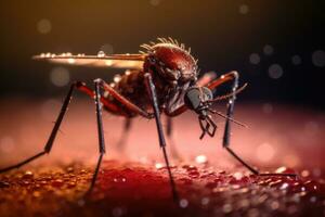 aedes Moskito Das trägt Dengue-Fieber Fieber, zika Virus ist saugen Blut auf ein Person Haut. Mücken sind Träger von Dengue-Fieber Fieber und Malaria. Chikungunya, Mayaro, Gelb Fieber. generativ ai foto