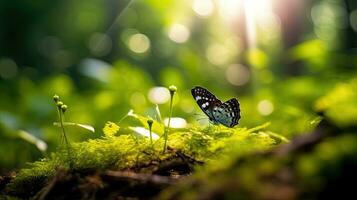 Schmetterling im Flug und Blumen Anemonen im Wald auf Natur. Schmetterling. generativ ai foto