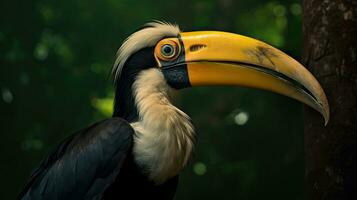 ein großartig Nashornvogel, ebenfalls bekannt wie das großartig indisch Nashornvogel oder großartig gescheckt Nashornvogel, ist einer von das größer Mitglieder von das Nashornvogel Familie. generativ ai foto