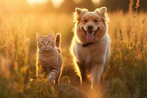 heiter von pelzig freunde Katze und Hund Gehen im ein Sommer- Wiese. generativ ai foto