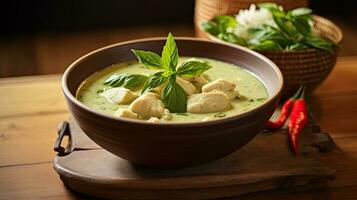 thailändisch Essen, Grün Curry Hähnchen mit Kokosnuss Curry auf das hölzern Fußboden Hintergrund. generativ ai foto